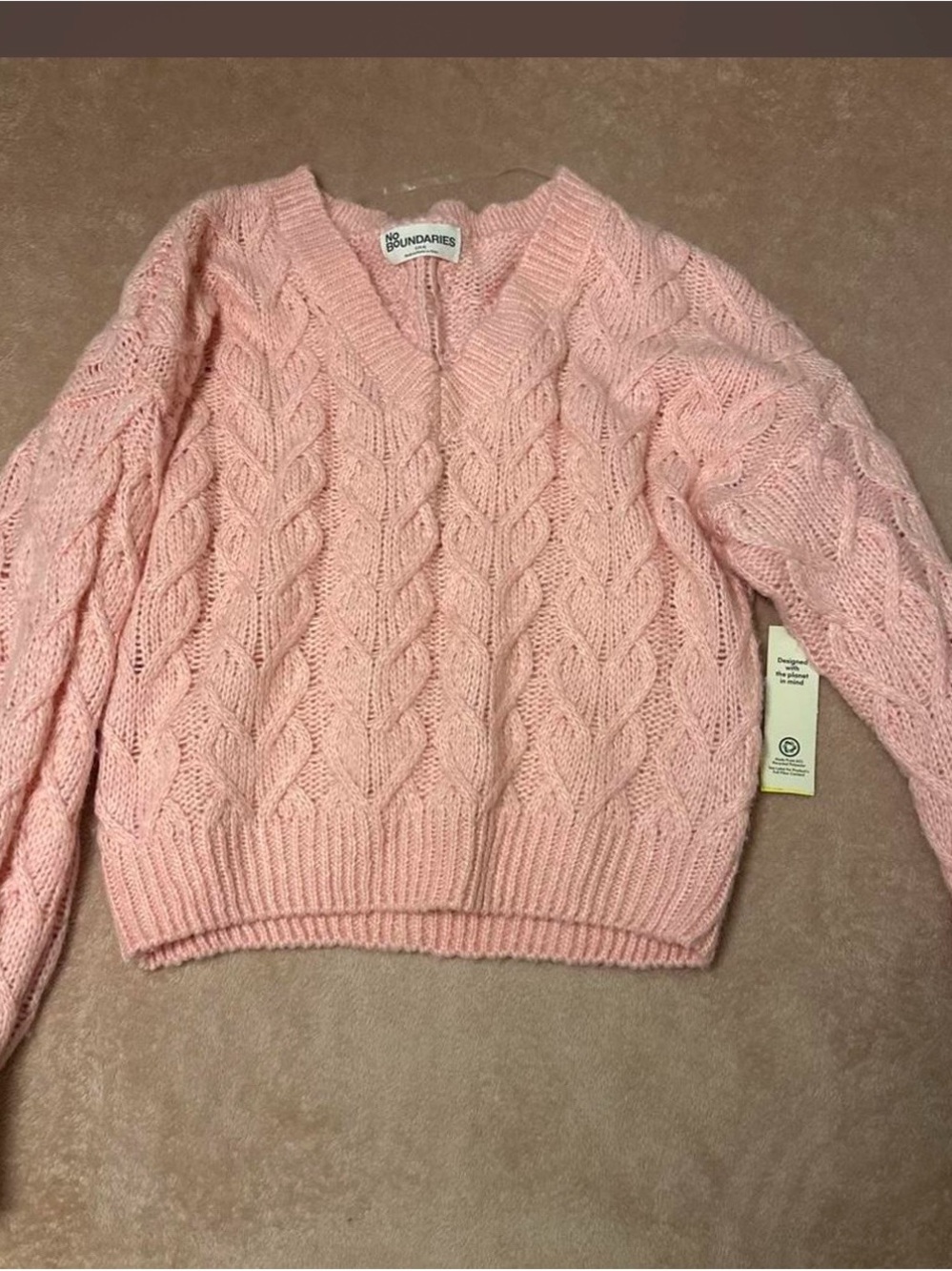 No Boundaries Light Pink Cable Knit V-Neck Sweater